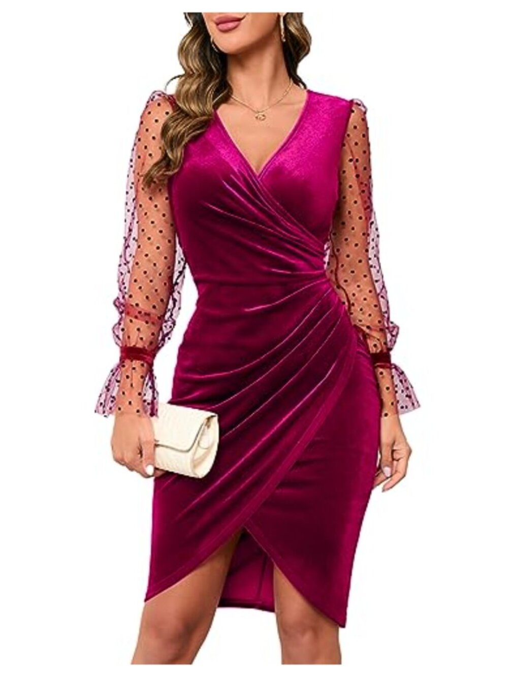 Womens Velvet Faux Wrap Bodycon Ruched Sheer Long Sleeve Cocktail Party Dress